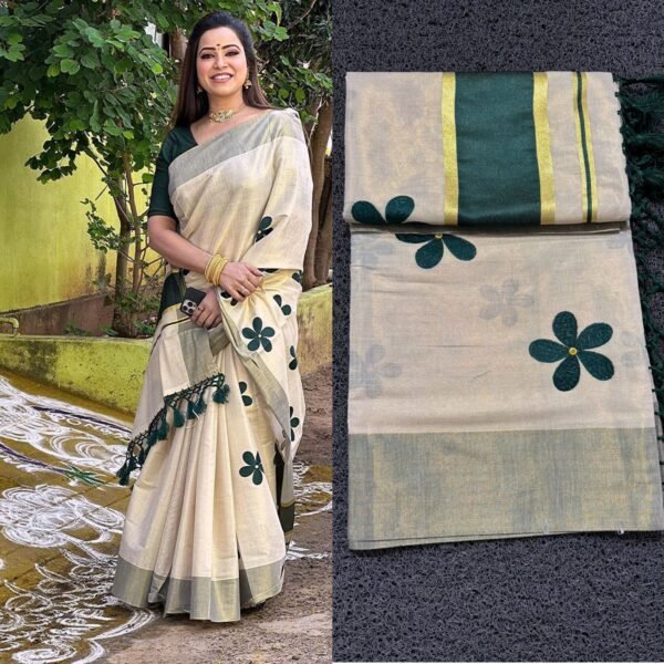 Green Flower Embro Golden Tissue Saree with Tussles - Image 4