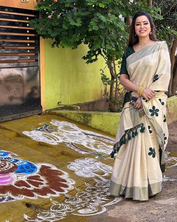 Green Flower Embro Golden Tissue Saree with Tussles - Image 3