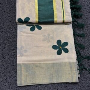 Green Flower Embro Golden Tissue Saree with Tussles