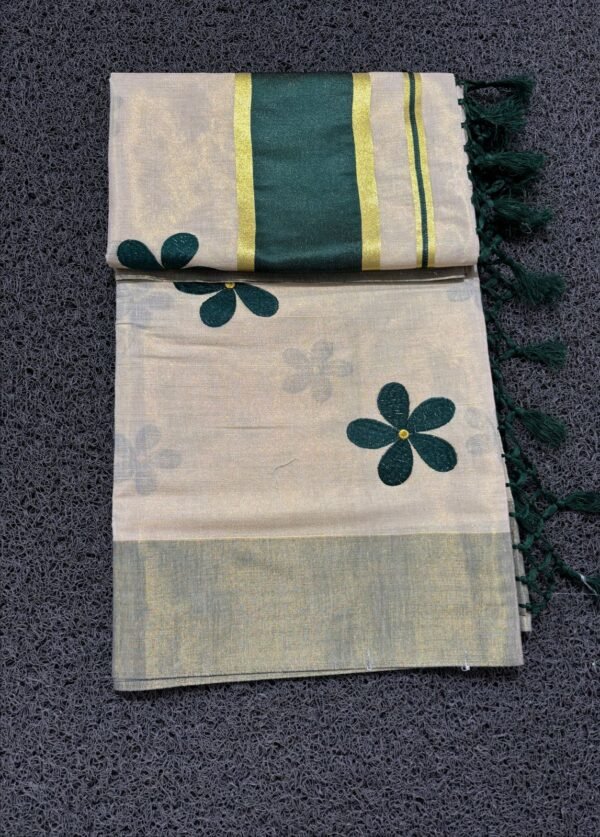 Green Flower Embro Golden Tissue Saree with Tussles