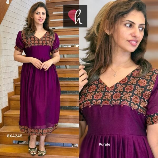 Vichithra Silk Frock Kurti with Cotton Mix Ajrak Patch Work - Image 5