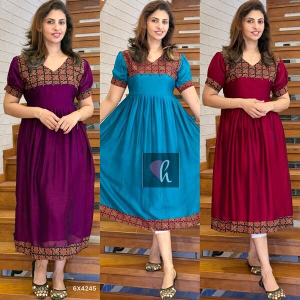 Vichithra Silk Frock Kurti with Cotton Mix Ajrak Patch Work