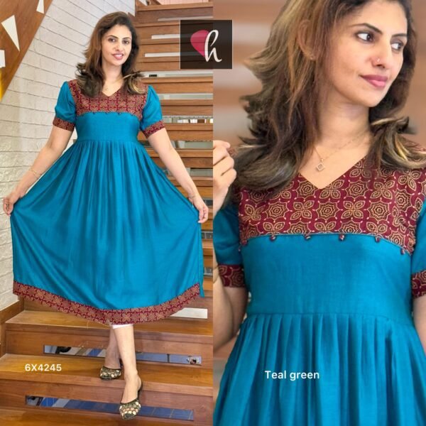 Vichithra Silk Frock Kurti with Cotton Mix Ajrak Patch Work - Image 3