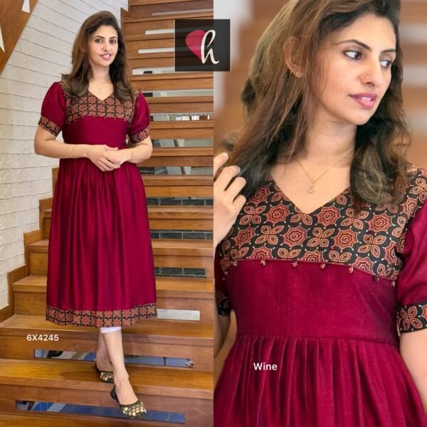 Vichithra Silk Frock Kurti with Cotton Mix Ajrak Patch Work - Image 2