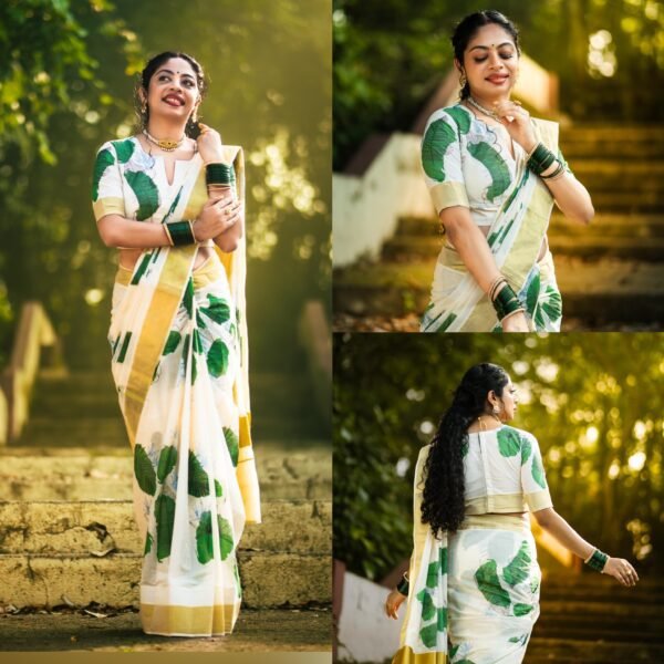 Green Leaf Kerala Cotton Saree - Image 3