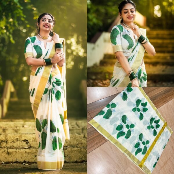Green Leaf Kerala Cotton Saree - Image 2