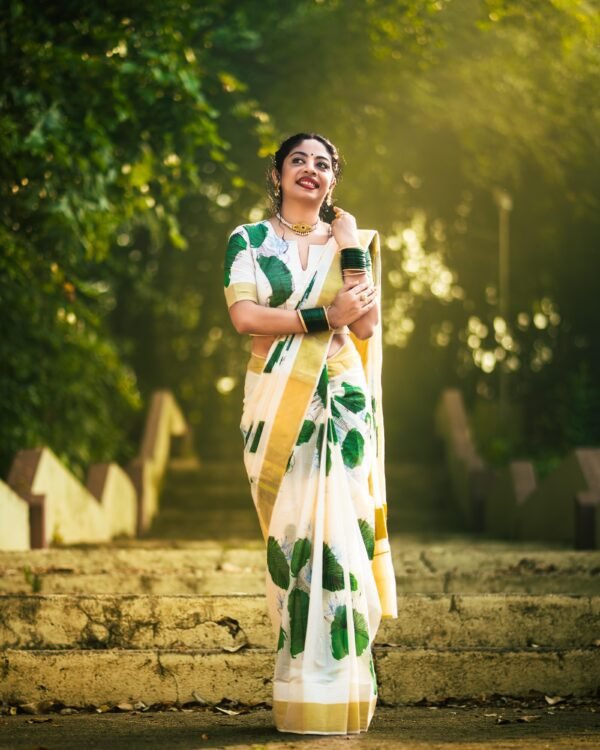 Green Leaf Kerala Cotton Saree - Image 5