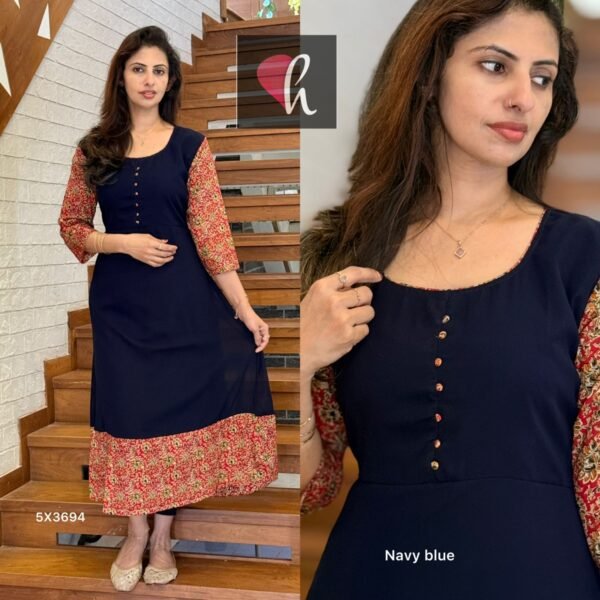 Faux georget semi flair kurti with cotton Ajrak print patch work - Image 2