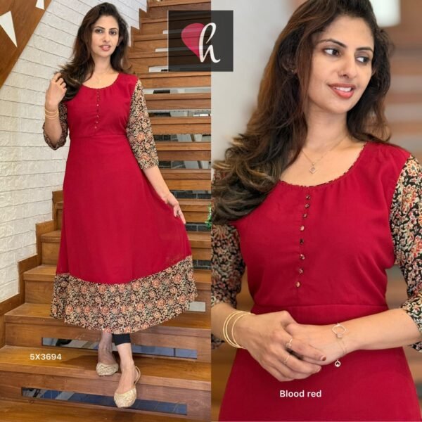Faux georget semi flair kurti with cotton Ajrak print patch work - Image 3