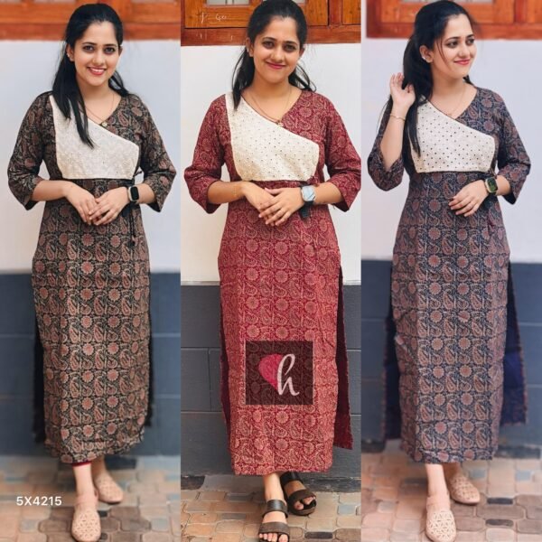 Cotton Ajrak Print Slit Kurti with Cotton Haquaba Patch Work