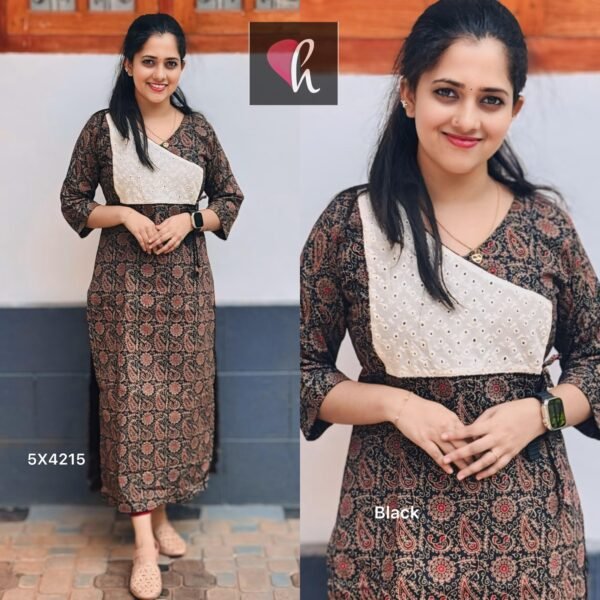 Cotton Ajrak Print Slit Kurti with Cotton Haquaba Patch Work - Image 3
