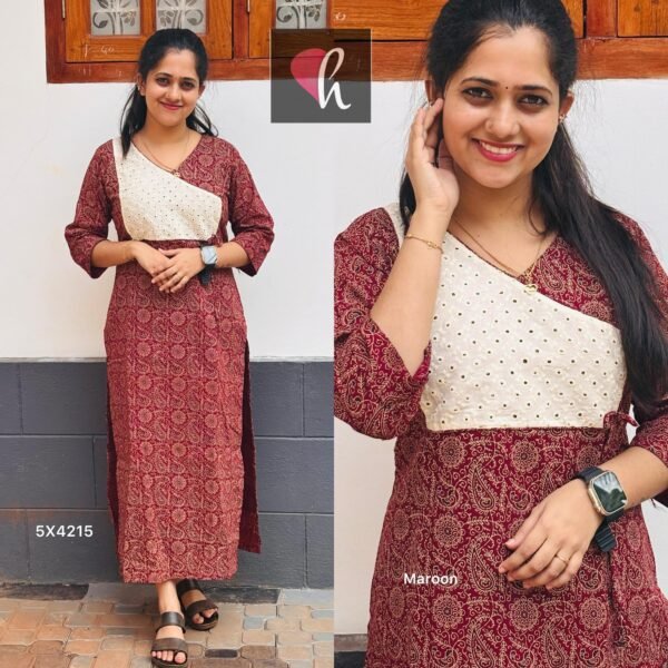 Cotton Ajrak Print Slit Kurti with Cotton Haquaba Patch Work - Image 2