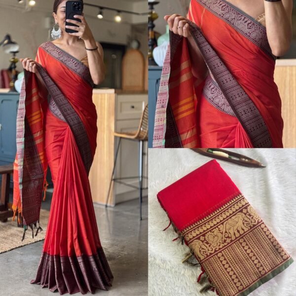 Big border tomotto colour cotton saree - Image 3