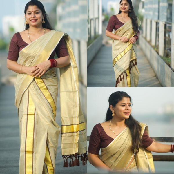 Coffee Brown Colour Tissue Set Mundu - Image 5
