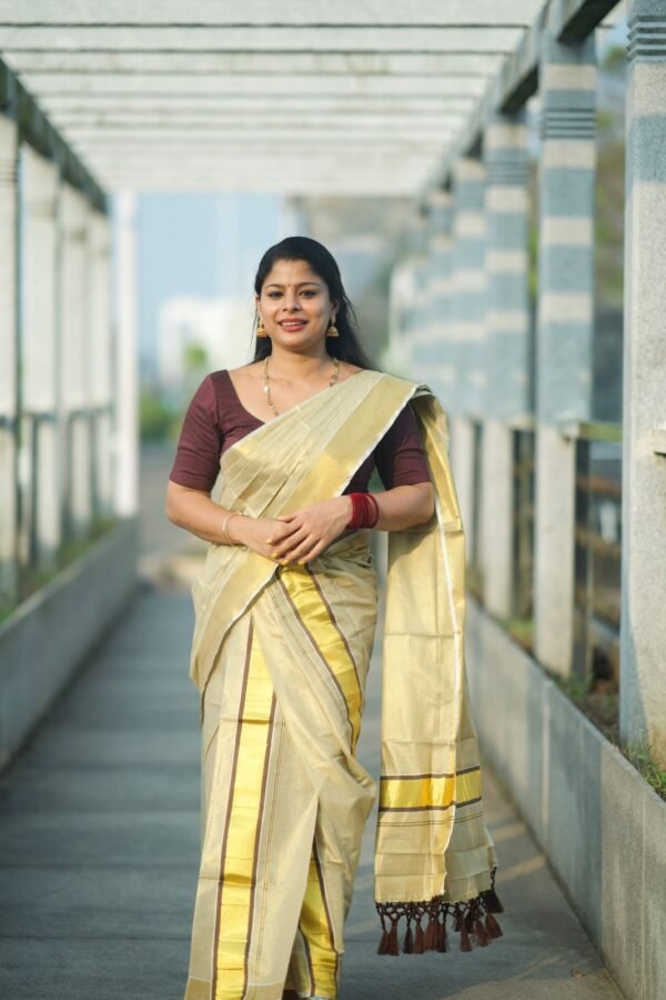 Coffee Brown Colour Tissue Set Mundu - Image 3