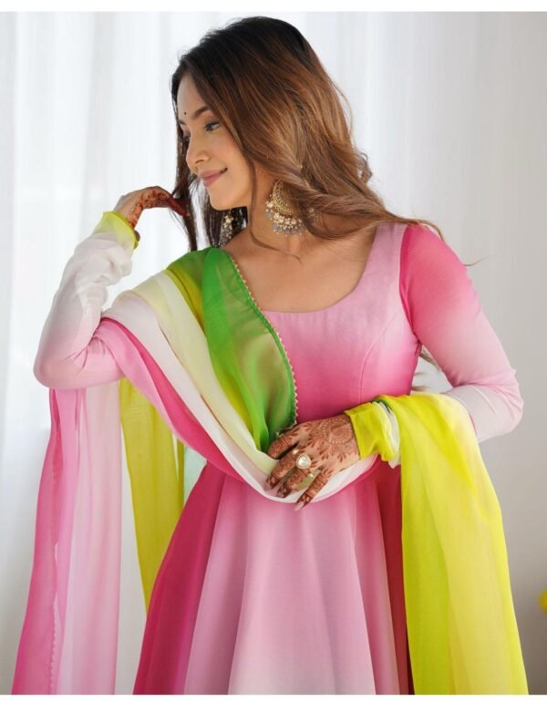 PURE SOFT FOX GEORGETTE MOST TRENDY PADDING FABRIC FULLY FLAIR ANARKALI,WITH DUPPTA SET,PENT READY TO WEAR - Image 4