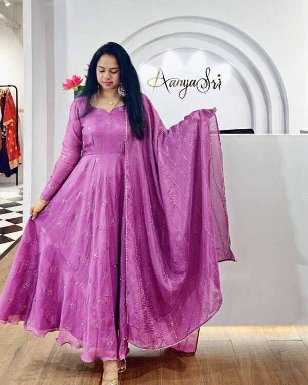 The outfit consists of a Long Anarkali-style Kurti and a Matching Dupatta. - Image 3