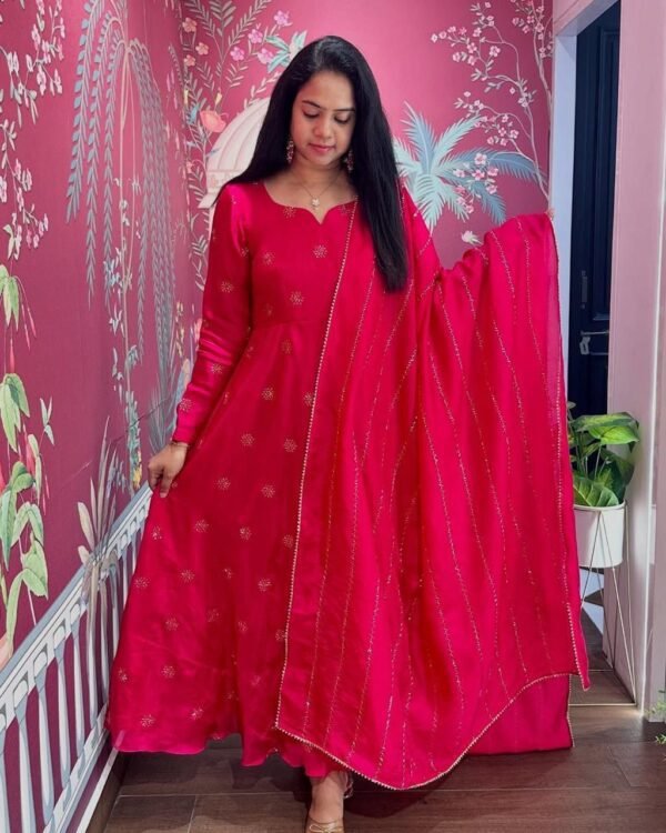 The outfit consists of a Long Anarkali-style Kurti and a Matching Dupatta.