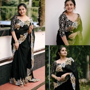 Silver and gold maple leaf black satin chiffon saree