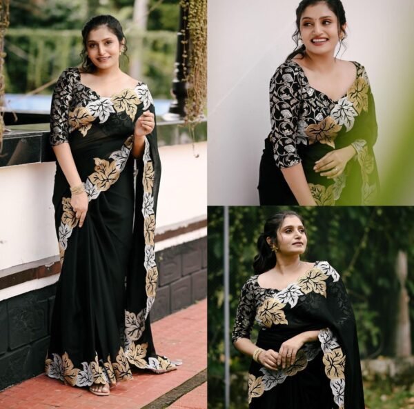 Silver and gold maple leaf black satin chiffon saree