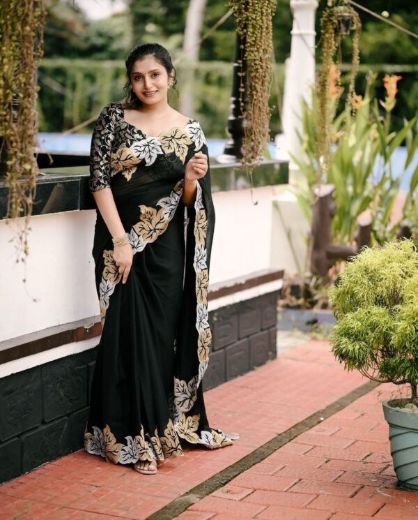Silver and gold maple leaf black satin chiffon saree - Image 5