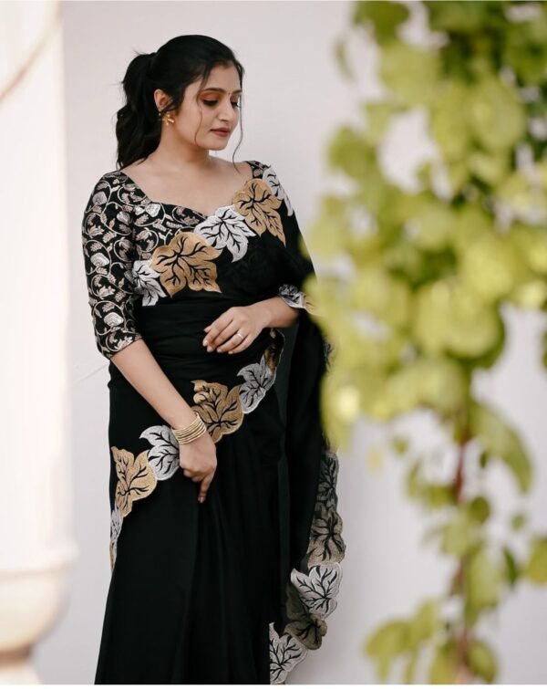 Silver and gold maple leaf black satin chiffon saree - Image 4