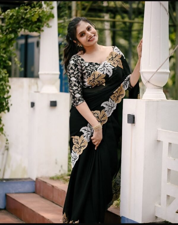Silver and gold maple leaf black satin chiffon saree - Image 6