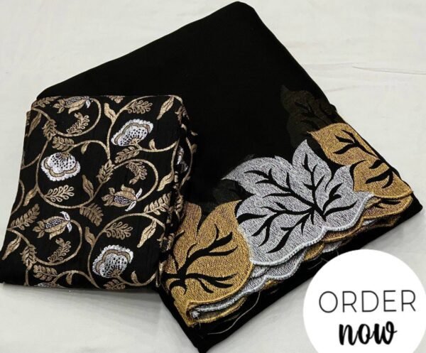 Silver and gold maple leaf black satin chiffon saree - Image 2