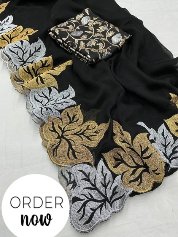 Silver and gold maple leaf black satin chiffon saree - Image 3