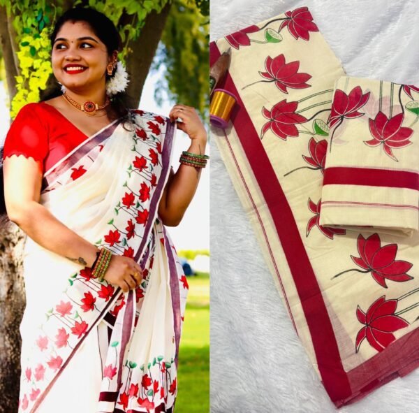 Lotus Printed Kattikara Set Mundu