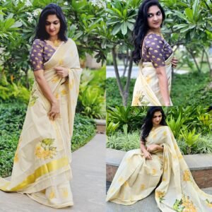 Digital Flower Print Golden Tissue Saree