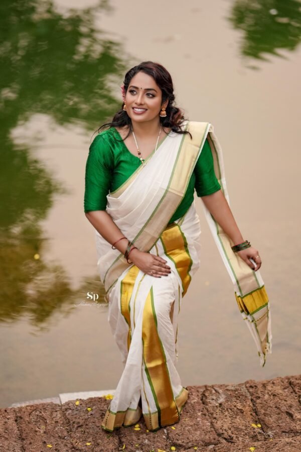 Mampoo Olive Green Cotton Set Mundu - Image 4