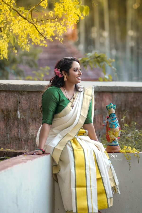Mampoo Olive Green Cotton Set Mundu - Image 3