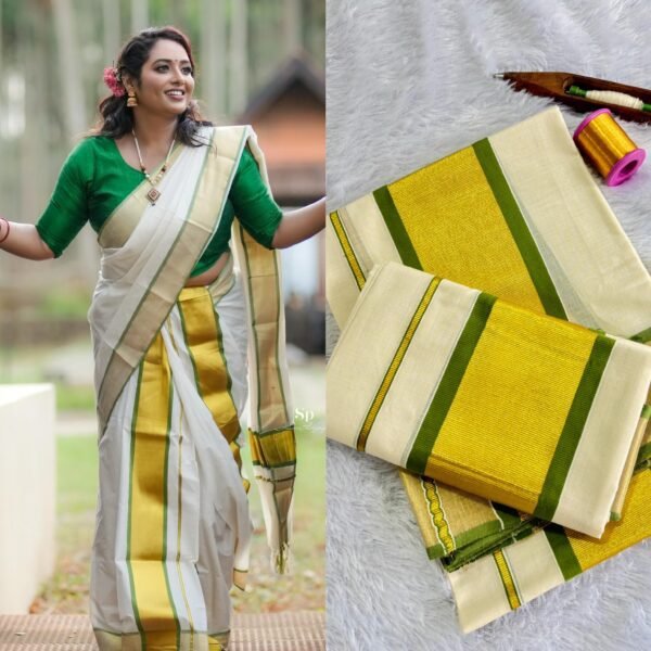 Mampoo Olive Green Cotton Set Mundu - Image 5