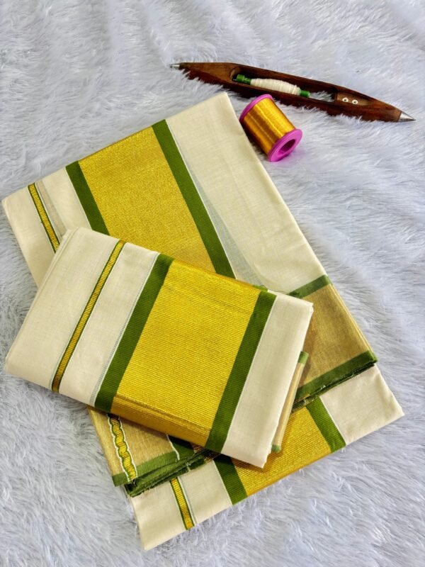 Mampoo Olive Green Cotton Set Mundu - Image 2