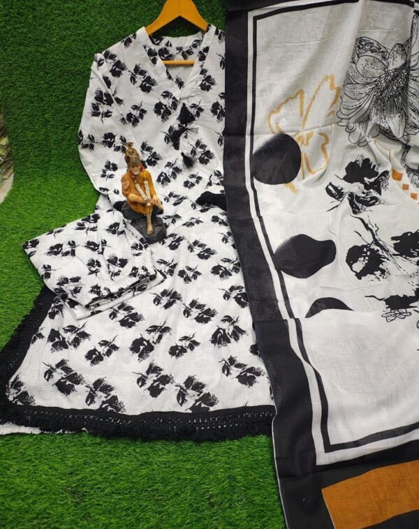Pure fine Cotton fabric   Kurti with Pant with cotton with fund and less work and with mulmul 100-100 Dupatta - Image 2