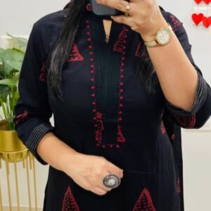 Designer Black Beauty cotton suit in block cotton fabric with detailing thread work on yoke
