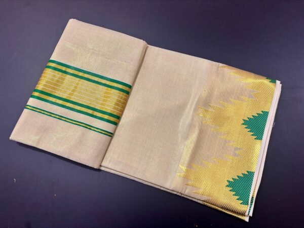 Temple golden tissue saree bottle green - Image 4