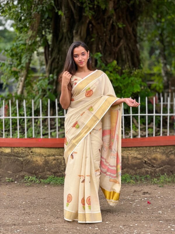 Kathakali and onam theme digital print saree with blouse designs