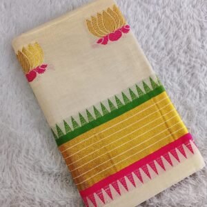 Lotus weave golden tissue saree with temple borders
