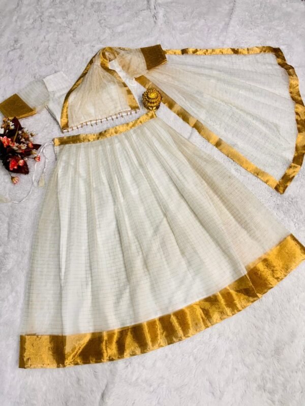 Onam super hit Organza Chex Lehenga Choli with Golden Jacquard work - Image 4