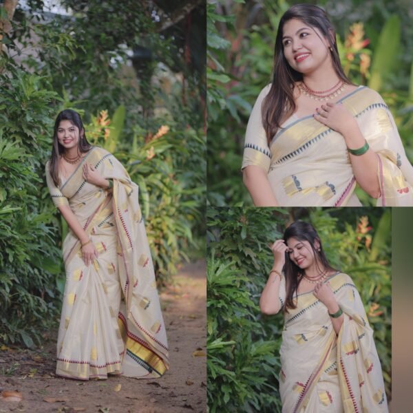 Lotus weave golden tissue saree with temple borders - Image 5