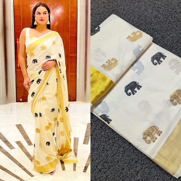 Elephant embroidery golden Jari cotton saree - Image 5