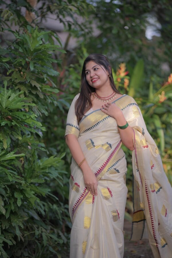 Lotus weave golden tissue saree with temple borders