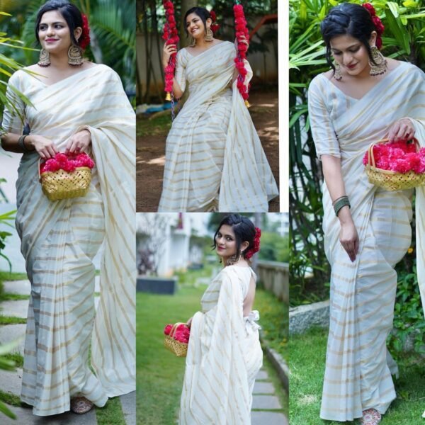 Cotton golden lines saree with tussels - Image 2