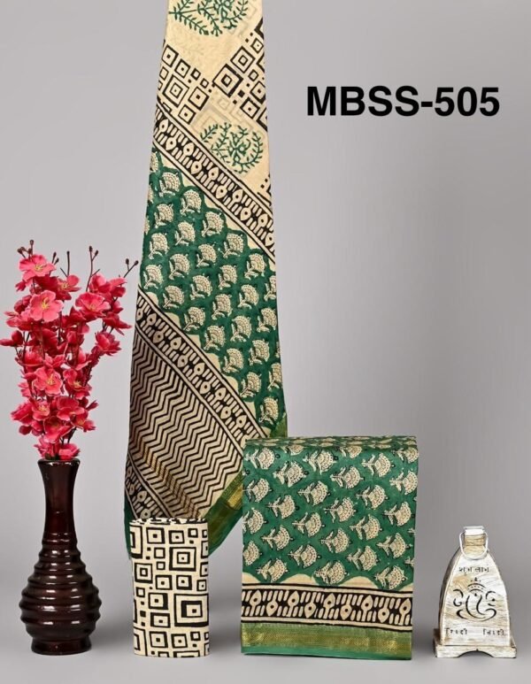 Exclusive New collection of handblock printed 100% pure maheshwari border silk suit sets with cotton bottom . - Image 5