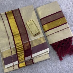 maroon gold tissue set mundu with tussels
