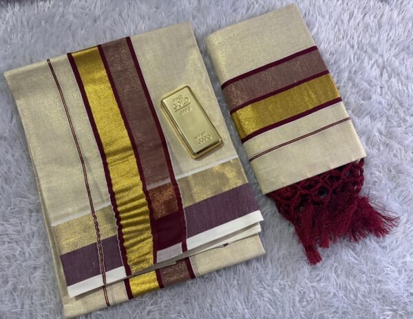 maroon gold tissue set mundu with tussels