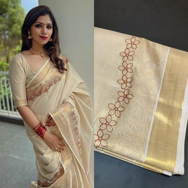flower shed golden tissue embroidered saree
