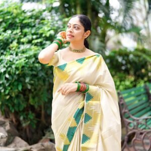 Temple golden tissue saree bottle green